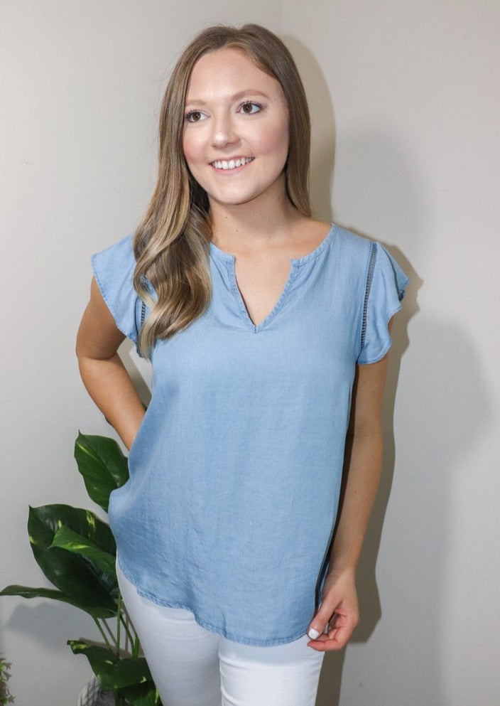 Ruffle Short-Sleeve Blouse in Chambray